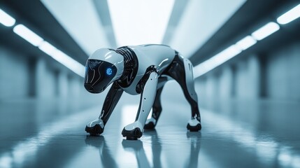 Obraz premium Robotic Dog Patrols Futuristic Corridor