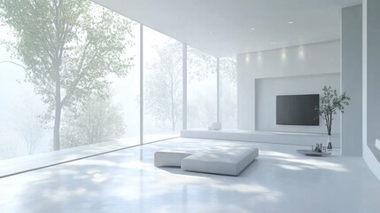 minimalist modern living room with floor to ceiling windows