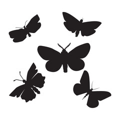 Butterfly silhouette set isolated on white background. Simple shape collection of butterflies. Butterfly black icon. Flying butterflies silhouette black set. Stock vector illustration
