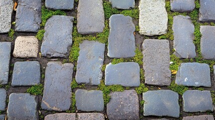 Moss-covered cobblestone pavement