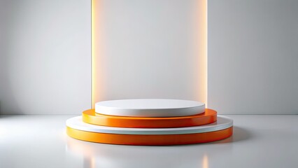 Fototapeta premium Abstract background enhances white orange podium, presenting product elegantly for mockups.