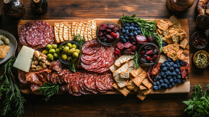 Charcuterie board with assorted meats, cheeses, fruits, and crackers on wooden table
