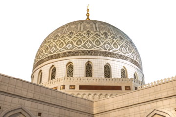An intricately patterned mosque dome with golden embellishments and arched windows, showcasing stunning Islamic architecture, geometric artistry, isolated on a transparent background