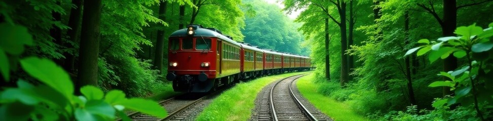 Naklejka premium Emerald foliage envelops a train, peaceful scenery , serene, countryside