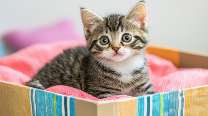 Adorable kitten resting in colorful shoebox bed