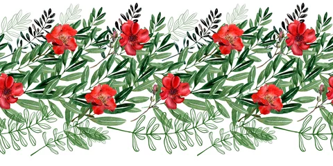 Selbstklebende Fototapeten Tropische Blätter Watercolor seamless border with red flower, pansies and green meadow plants  © Ellivelli