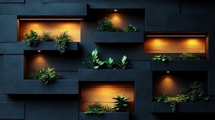 Modern wall decor with plants and warm lighting