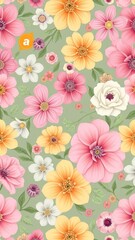 Vibrant flower pattern filled with colorful blooms and green leaves creating a lively spring atmosphere