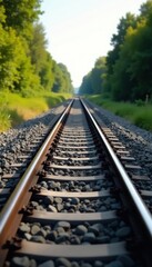 Naklejka premium Railroad track laying, fresh asphalt beside new railway lines, infrastructure, ballast, lines