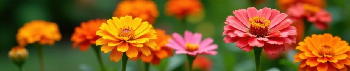 Vibrant orange & pink zinnias blooming in summer garden , colorful flowers, macro