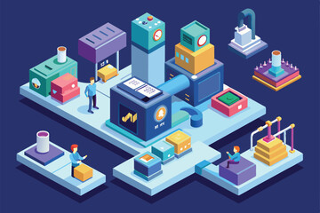 Fototapeta premium The illustration depicts a modern manufacturing process with various customizable elements and workflows, Process Customizable Isometric Illustration