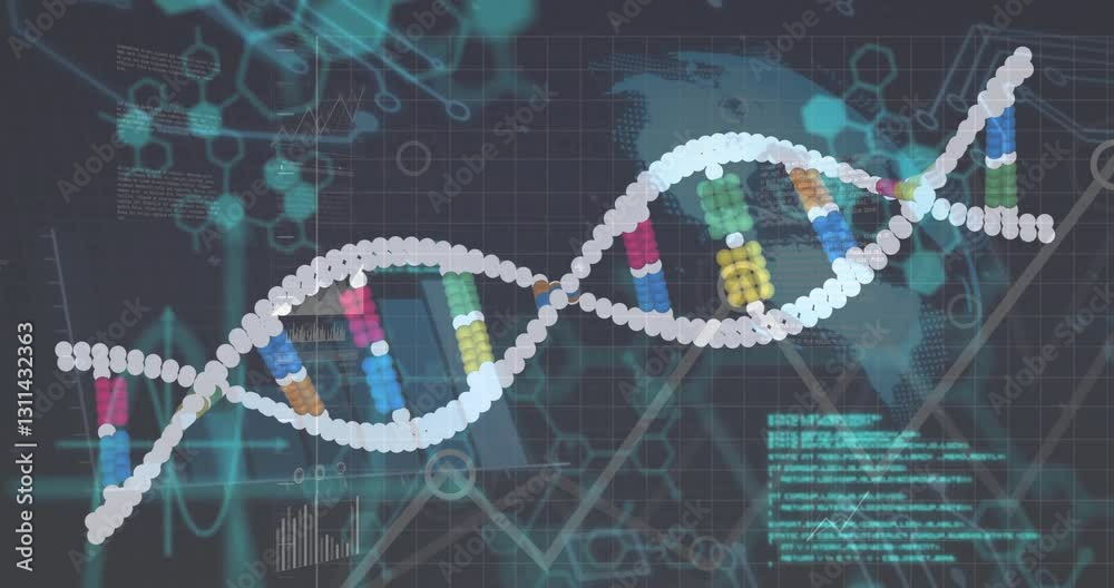 Poster dna strand with binary coding, processing scientific data in animation style