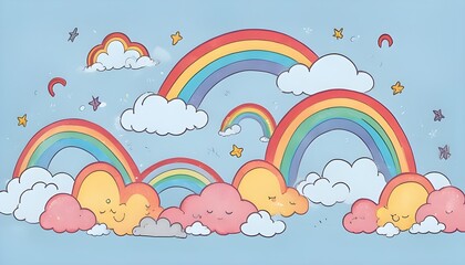 A playful border of colorful hand-drawn rainbows and fluffy clouds on a light blue backdrop, perfect for April Fools' Day social media banners or daycare event flyers