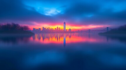 New York City Skyline Sunrise Reflection; tranquil view; ideal for website background