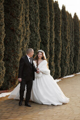Fototapeta premium A bride and groom are standing in front of a hedge. The bride is wearing a white dress and a white fur stole