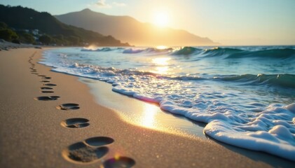 Deep footprints vanish as a curling wave washes ashore, scene, peaceful, photo