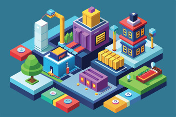 A vibrant isometric cityscape showcasing various customizable buildings, trees, and industrial features, Processing Customizable Isometric Illustration