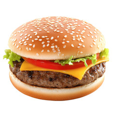 Classic cheeseburger with lettuce and tomato on sesame seed bun