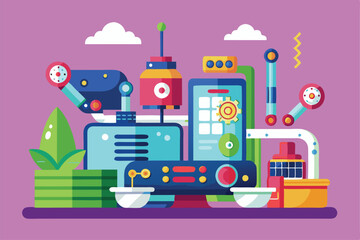 A bright, playful display of customizable semi-flat machinery set against a colorful background, Processing Customizable Semi Flat Illustration