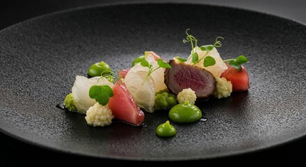 Colorful tuna appetizer with fresh vegetable elements and garnish on black plate - modern gastronomy photography for restaurant menus, food blogs, culinary publications and chef portfolios