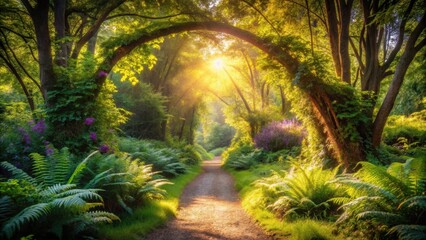 Fototapeta premium Sunlit Path Through an Enchanting Forest Archway, Lush Greenery and Golden Hour Light