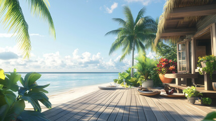 Fototapeta premium Island cottage with wooden deck, tropical plants, and beach access-1