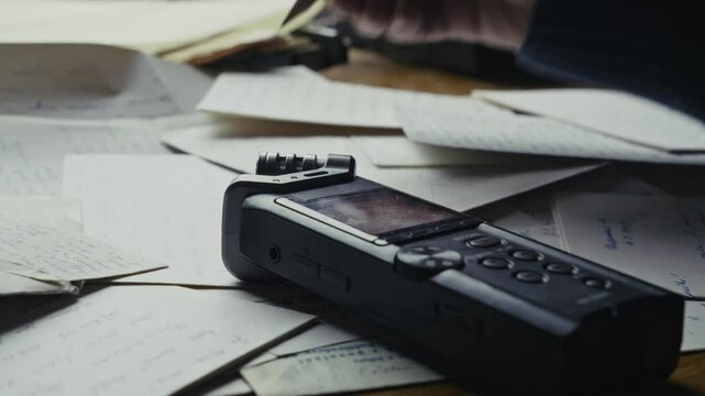 Reporter writes notes listening to dictaphone audio recording CLOSE-UP