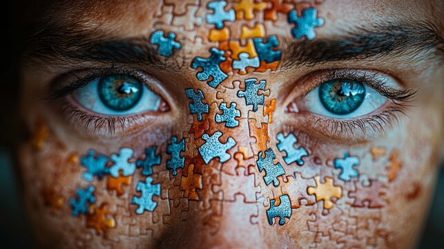 Puzzle pieces blend with a thoughtful expression, symbolizing complexity