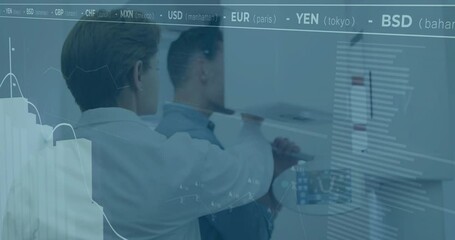 Currency exchange rates overlaying business professionals discussing financial data in office