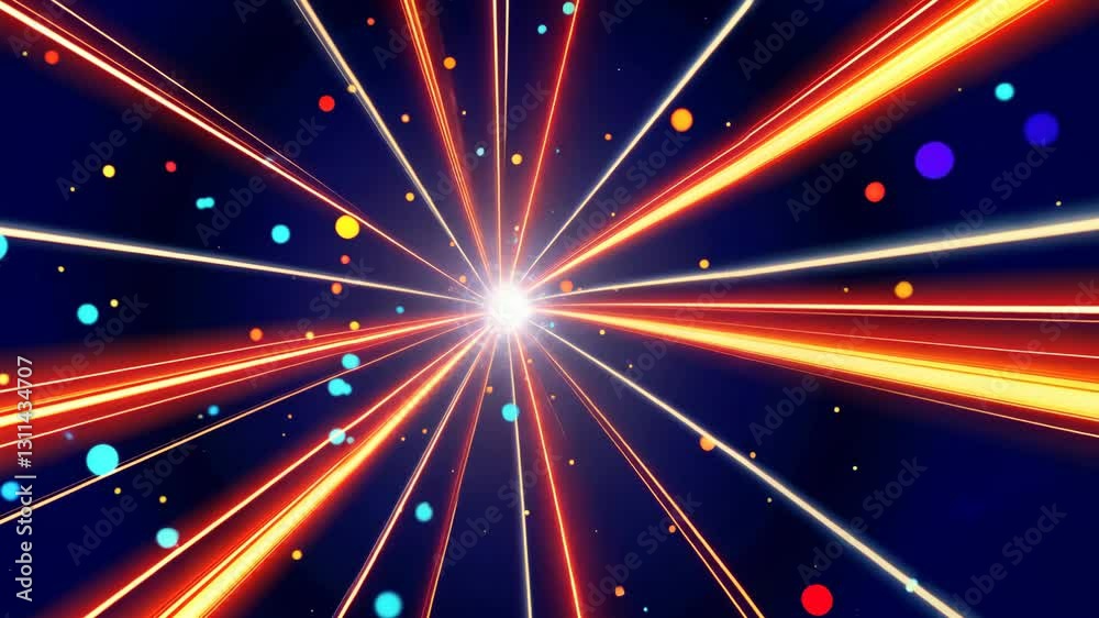 Poster a bright light with many colorful dots. the light is orange and blue. the dots are in different colo
