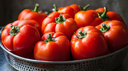 Fresh red bell peppers are clustered in a metal colander. The peppers, with their glossy skins and green stems, fill the colander, suggesting a bountiful harvest.