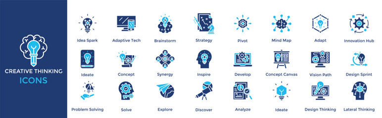 Creative Thinking icon set. Containing Idea Spark, Adaptive Tech, Brainstorm, Strategy, Pivot
