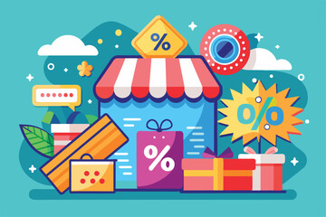 Bright and vibrant discount promotion showcases a shop front with gift boxes and signs displaying special offers, Product discount promotion advertisement