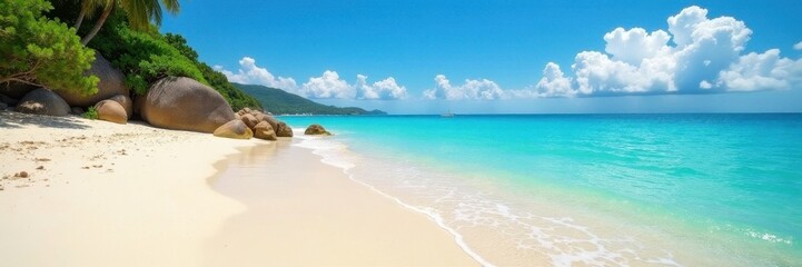 Obraz premium Sunny beach, clear turquoise water, fine sand, shore, calm