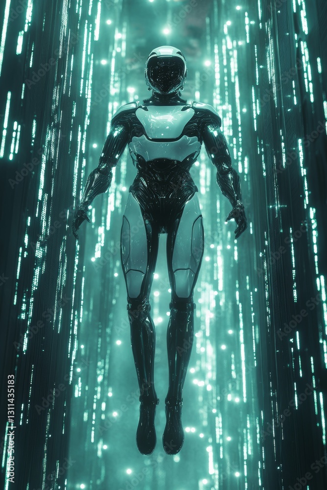 Poster futuristic robot surrounded by glowing data streams in space