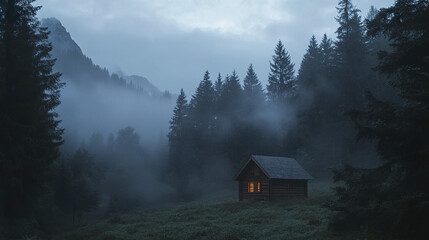 Remote wooden hut in foggy valley surrounded by misty pine trees