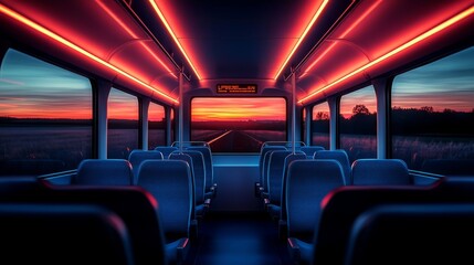 Fototapeta premium Passengers await their journey as glowing lights enhance the sunset