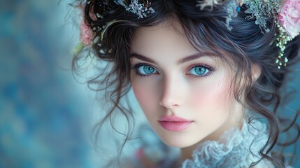 Fototapeta premium A captivating young woman gazes softly with floral decorations in her hair