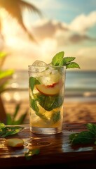 Fototapeta premium peach artisan mojito cocktail in a glass on the beach