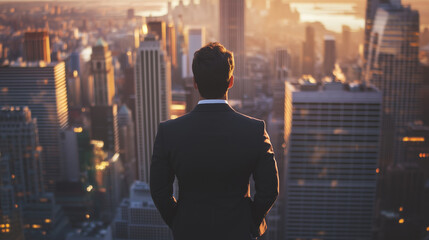 Naklejka na ściany i meble Back view of businessman standing in the city, urban landscape, looking at buildings, skyscrapers