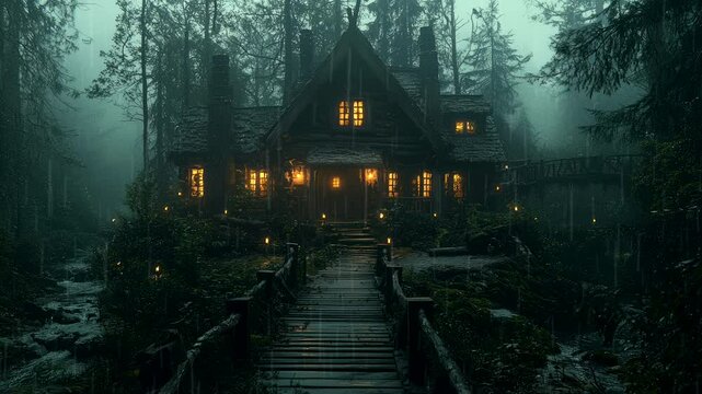 Mysterious wooden house deep in a dark enchanted forest with glowing windows on a rainy night. Seamless looping 4K time-lapse animation video background