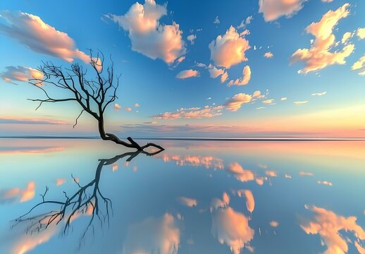 Beautiful long exposure photo of the vast ocean with a dead tree in it 