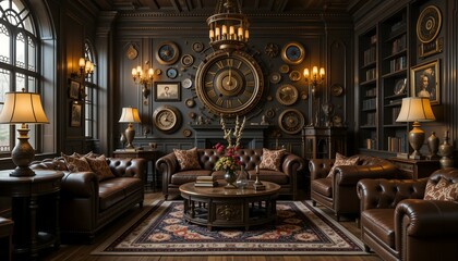 Fototapeta premium Luxurious Victorian Library Design: Dark Wood, Leather, & Antique Clocks