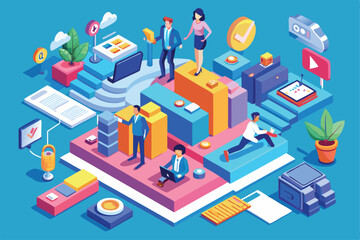 Obraz premium A dynamic workspace shows teamwork, productivity, and collaboration among diverse individuals at work, Productivity and teamwork, Cartoon isometric 3D vector illustration
