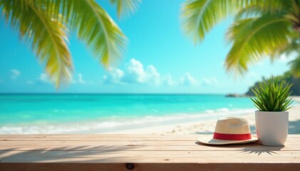 Obraz premium Empty desk with vibrant beach backdrop; summer vibes , office, simple, view