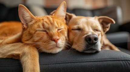 This heartwarming image features an orange cat and a dog sleeping peacefully together on a cozy couch, illustrating their strong bond and friendship.