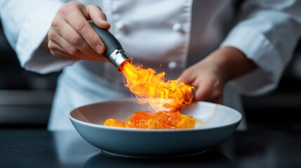 A professional chef ignites a stunning dish with vibrant flames, showcasing expert cooking skills and a dramatic presentation in the culinary scene.