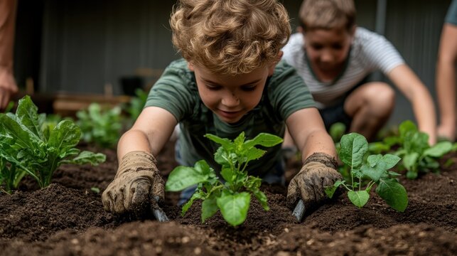 A joyful child is immersed in gardening, gently planting seeds in rich soil, fostering a connection with nature and embodying eagerness for growth and nurturing life.