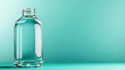 A sleek glass water bottle set against a minimalist teal background, showcasing elegance and simplicity, perfect for promoting hydration and modern living.