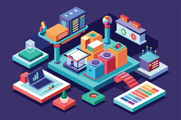 A vibrant isometric layout showcases various customizable product presentation elements for digital use, Product presentation Customizable Isometric Illustration